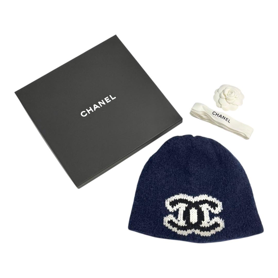 CHANEL ネイビー ロゴニット帽