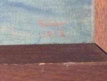 【真作】絵画　油彩8号　静寂なる湖畔と遠山　ブルートーンに包まれた朝景　Y16