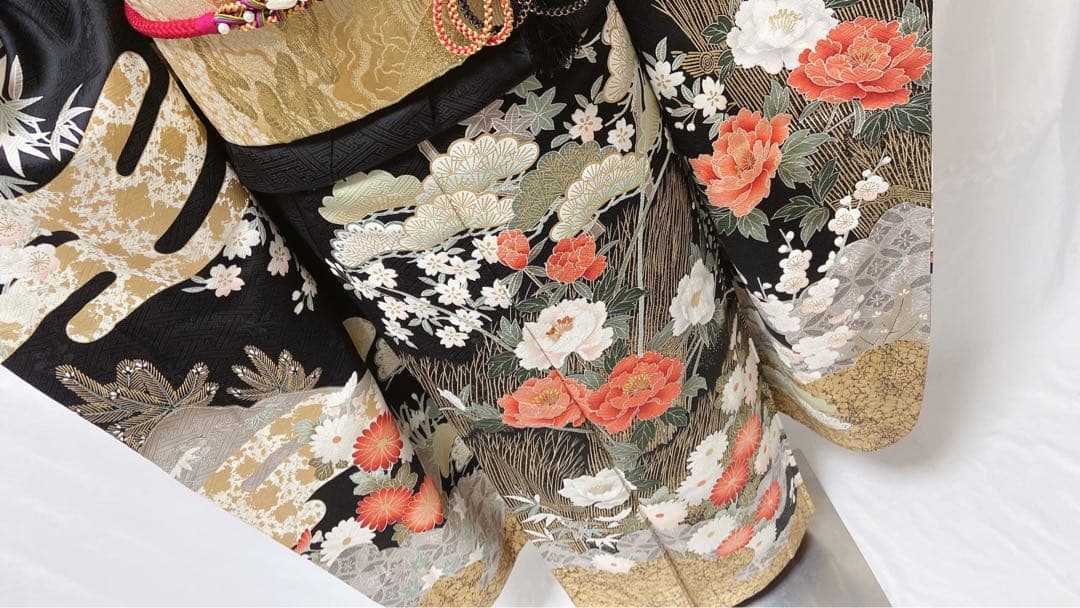 牡丹 菊 箔 金糸 黒 正絹 振袖 成人式　振袖6点セット　振袖フルセット
