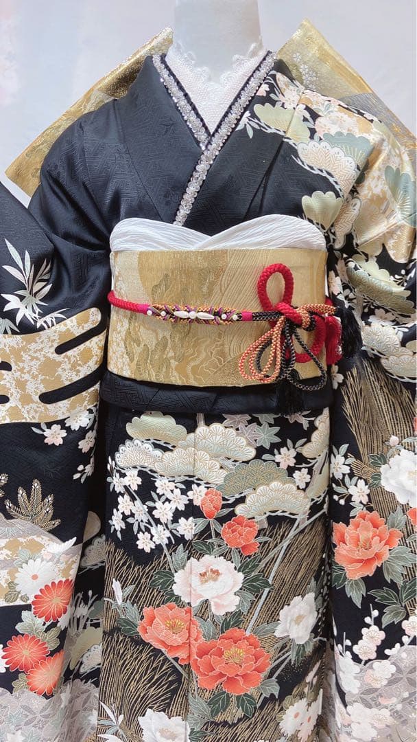 牡丹 菊 箔 金糸 黒 正絹 振袖 成人式　振袖6点セット　振袖フルセット