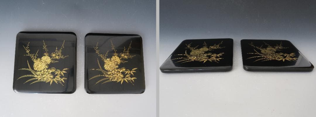 【輪島塗】四君子沈金 二段重 重台付 池盛政喜作 黒内朱塗 蓋二枚 天然木 共箱