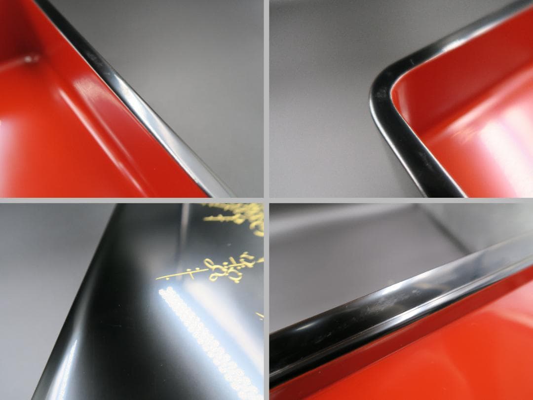 【輪島塗】四君子沈金 二段重 重台付 池盛政喜作 黒内朱塗 蓋二枚 天然木 共箱