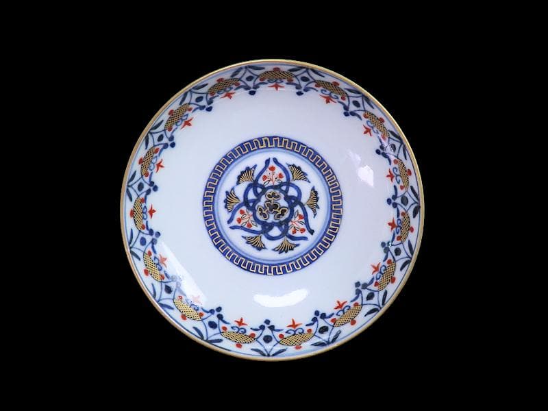 古伊万里　金襴手　瓔珞紋に花の図　蓋茶碗　江戸期　C000AS-CJa