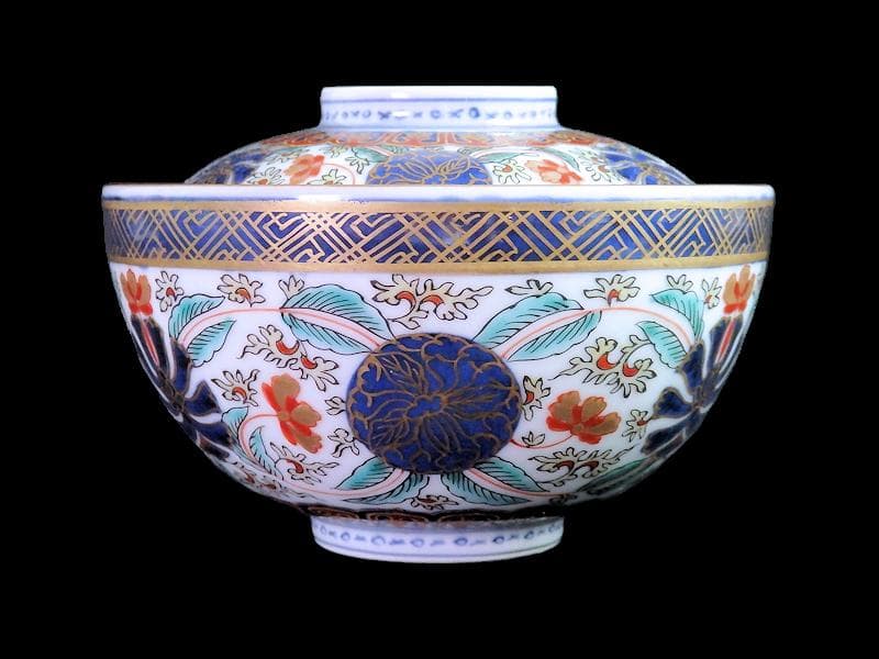 古伊万里　金襴手　瓔珞紋に花の図　蓋茶碗　江戸期　C000AS-CJa