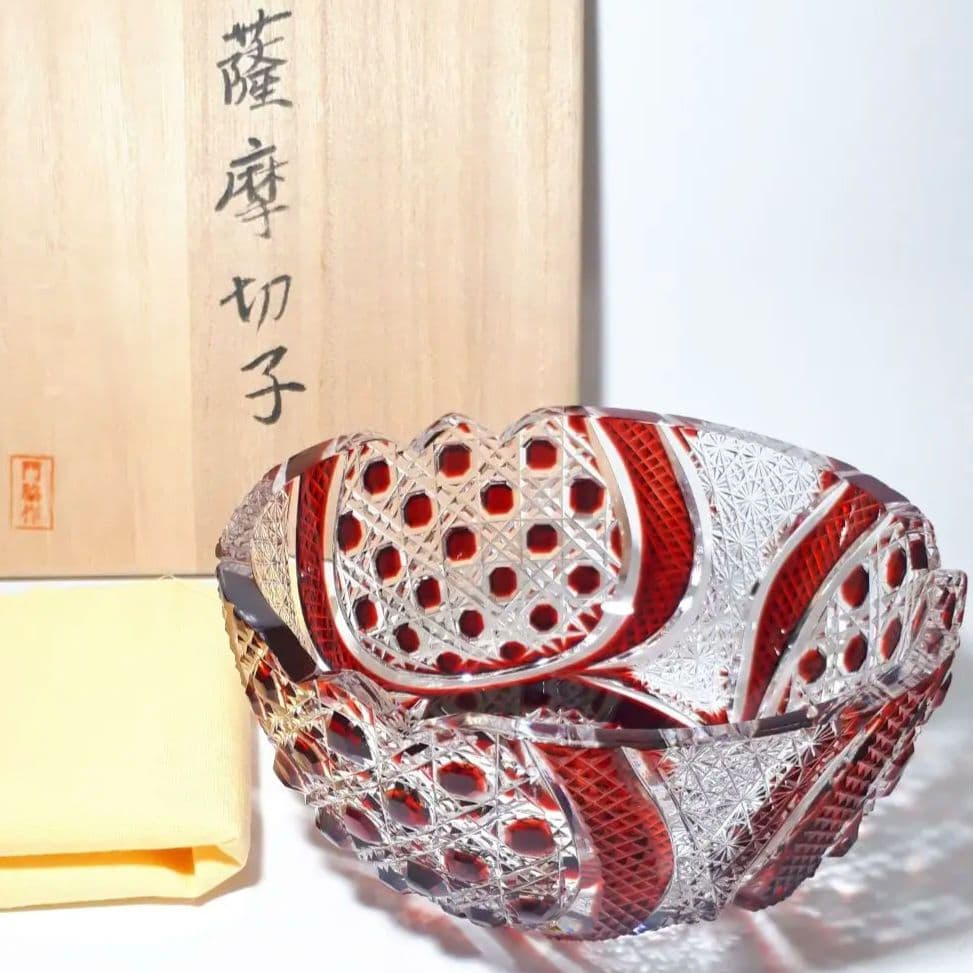 薩摩切子　門脇健二 作品　色被せガラス　　　八角籠目紋様 鉢　【希少レア作品】