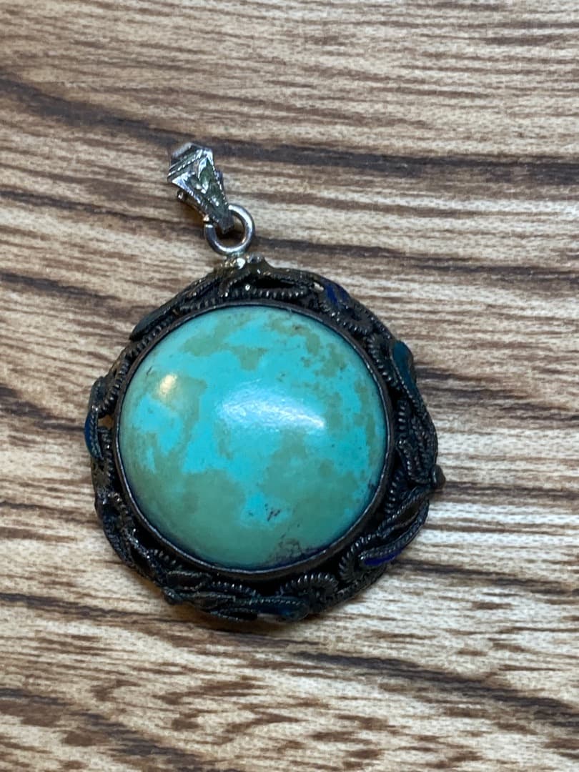 ヴィンテージ トルコ石 ターコイズ 七宝焼 ペンダントトップ 金彩？