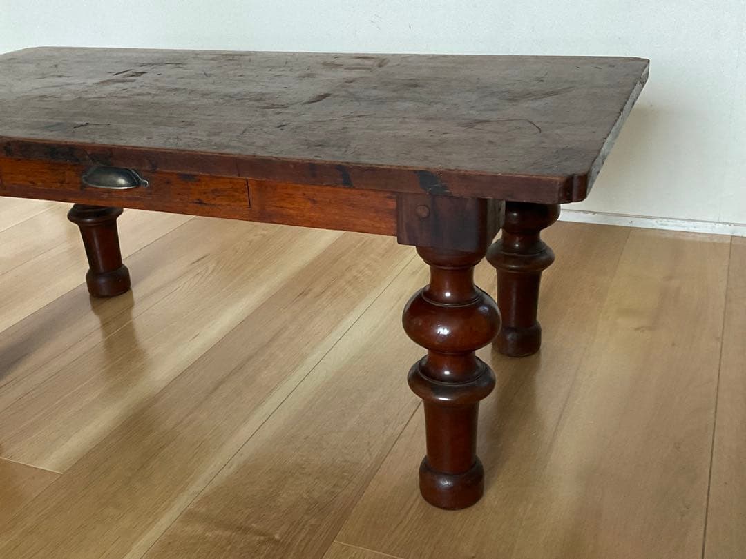 ろくろ脚 ちゃぶ台 文机 ローテーブル 引き出し付き アンティーク家具 古道具