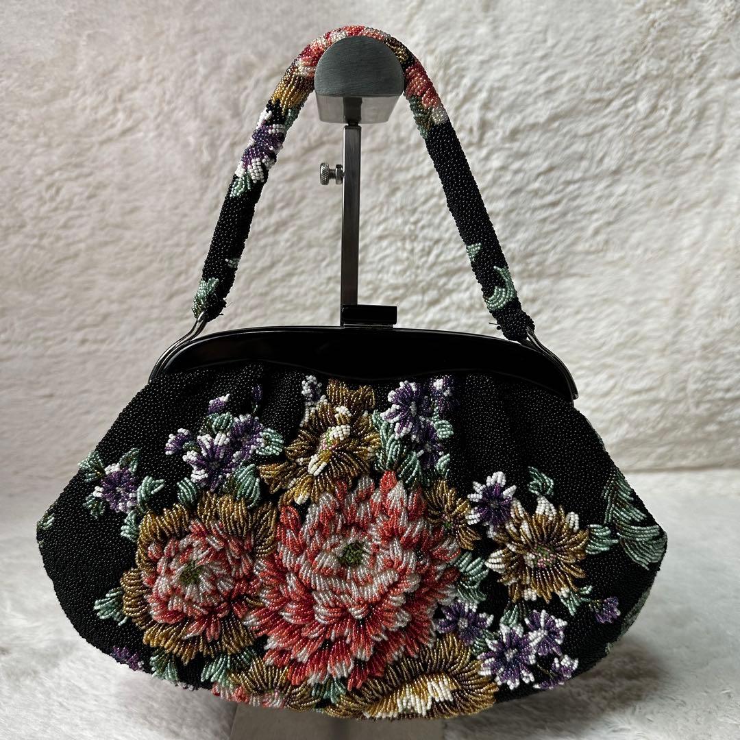 極美品 ビーズバッグ　アンティーク　総ビーズ 和装 花