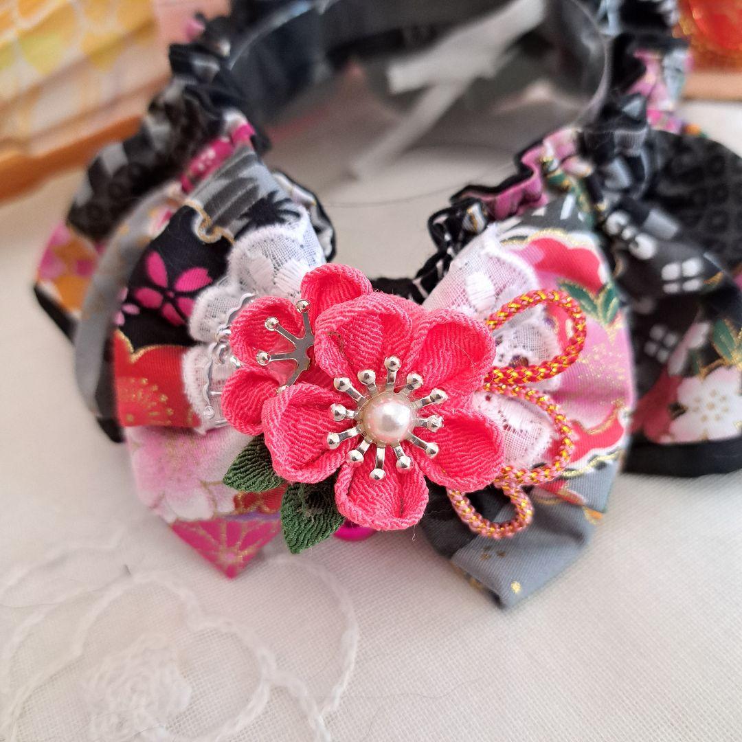 幅広シュシュ、和風妻み細工(黒×ピンク)わんちゃん猫ちゃん用