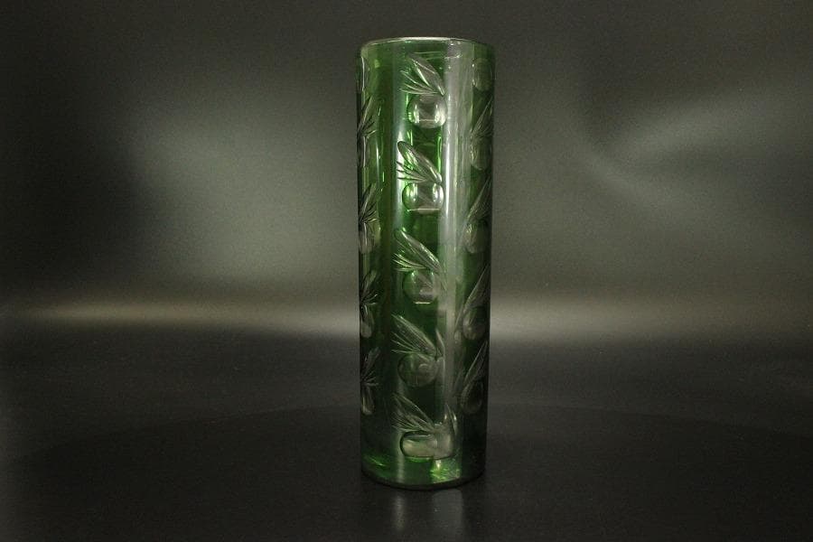アンティーク 緑色 切子ガラス 花瓶(A962)