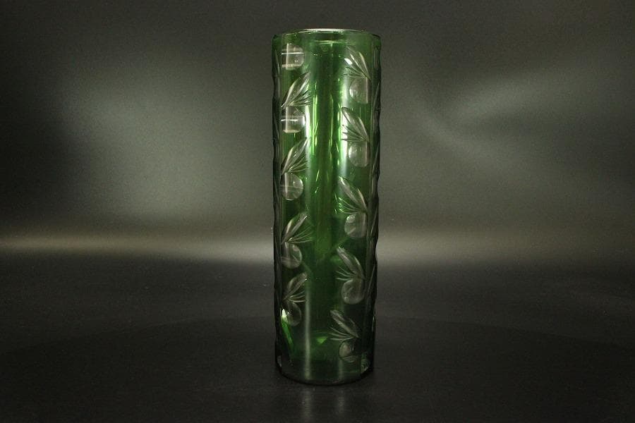 アンティーク 緑色 切子ガラス 花瓶(A962)