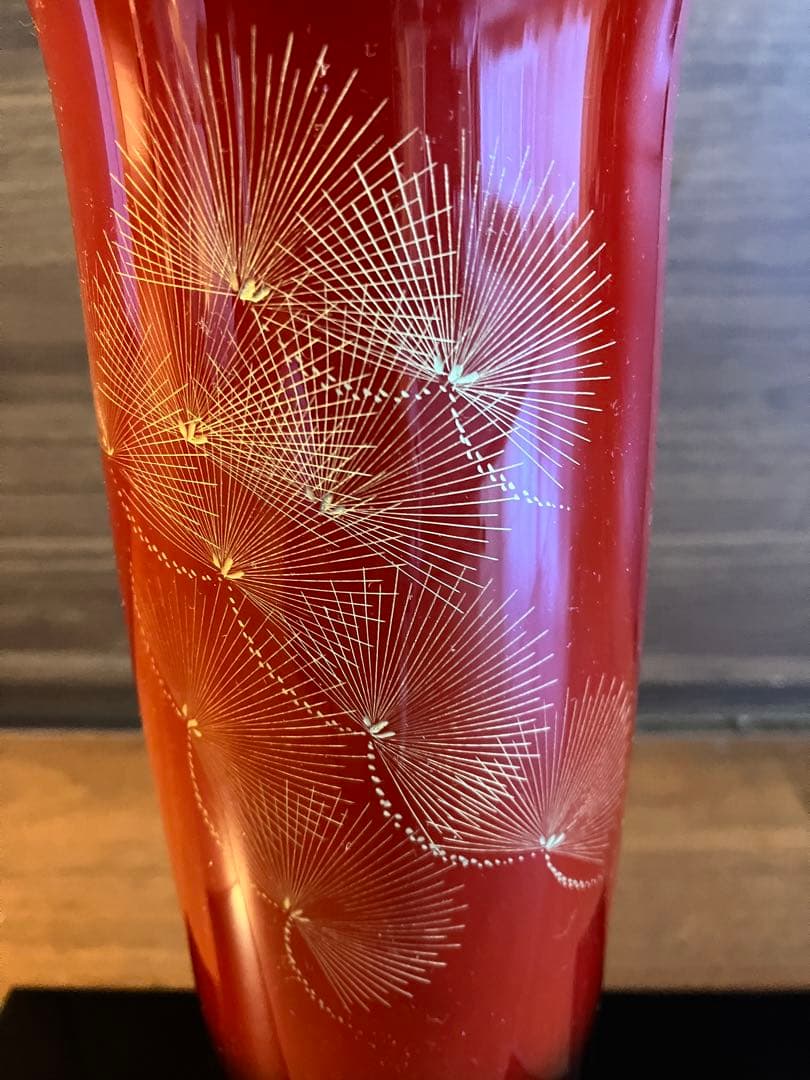 漆器の能作　輪島塗　 古代朱　沈金　昇陽松　朝顔形花生