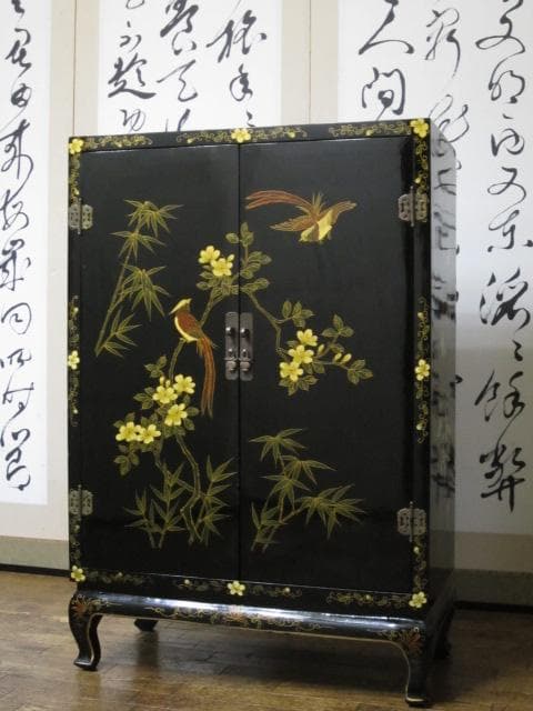 黒漆 中国美術 花鳥図 真鍮金具 茶道具 飾り棚/煎茶棚/キャビネット/書棚