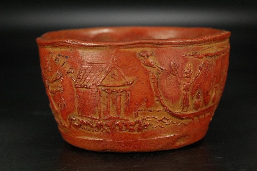 古い 西洋陶磁 朱泥 人物紋 茶器 桑蓋 茶道具伝来(K-YC381)