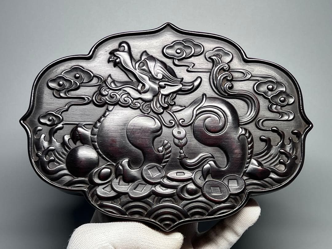 木製　小物入れ　紫檀　硯箱　香合　浮彫　神獣紋　極細工　文房具　中国美術　美品