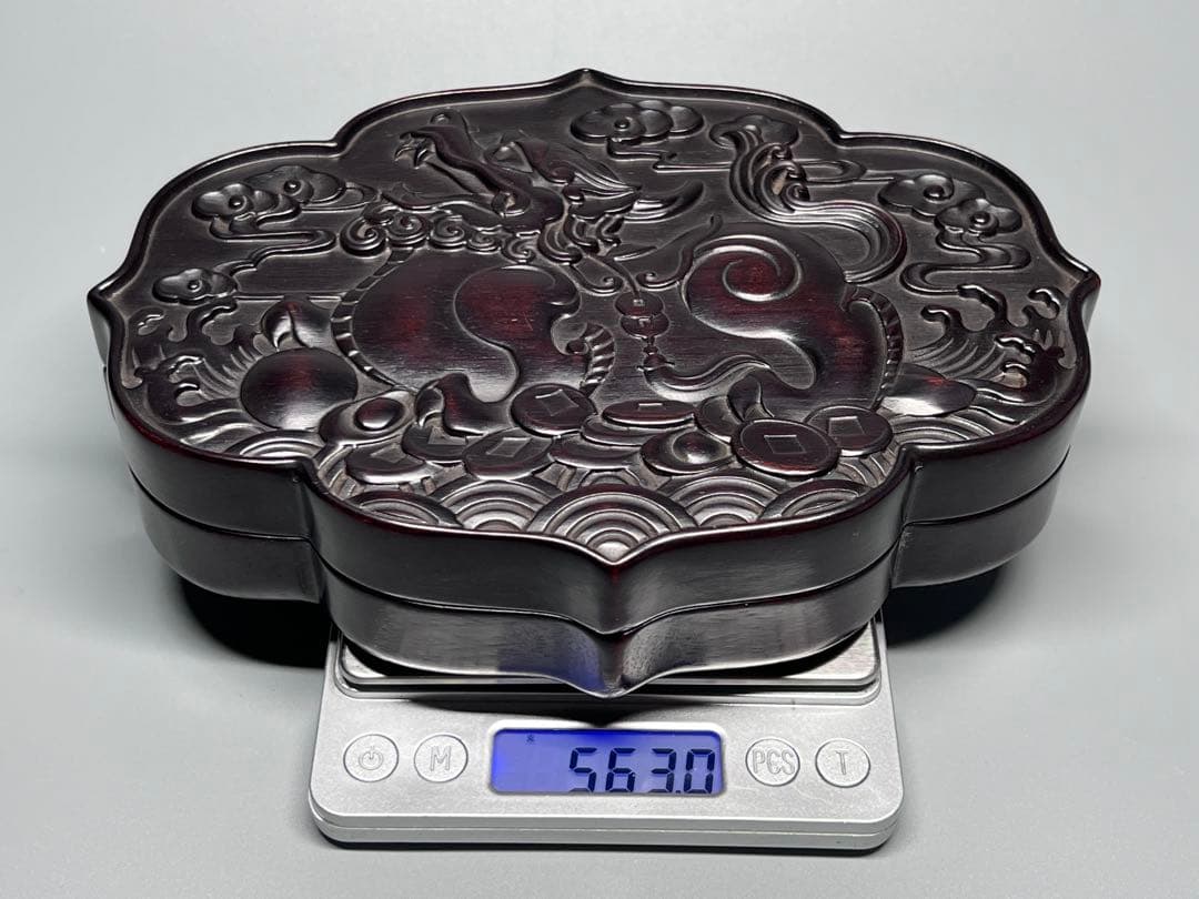 木製　小物入れ　紫檀　硯箱　香合　浮彫　神獣紋　極細工　文房具　中国美術　美品