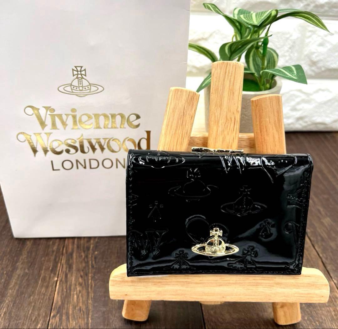 新品未使用　ヴィヴィアンウエストウッド 三つ折財布　黒　エナメル　がま口　③