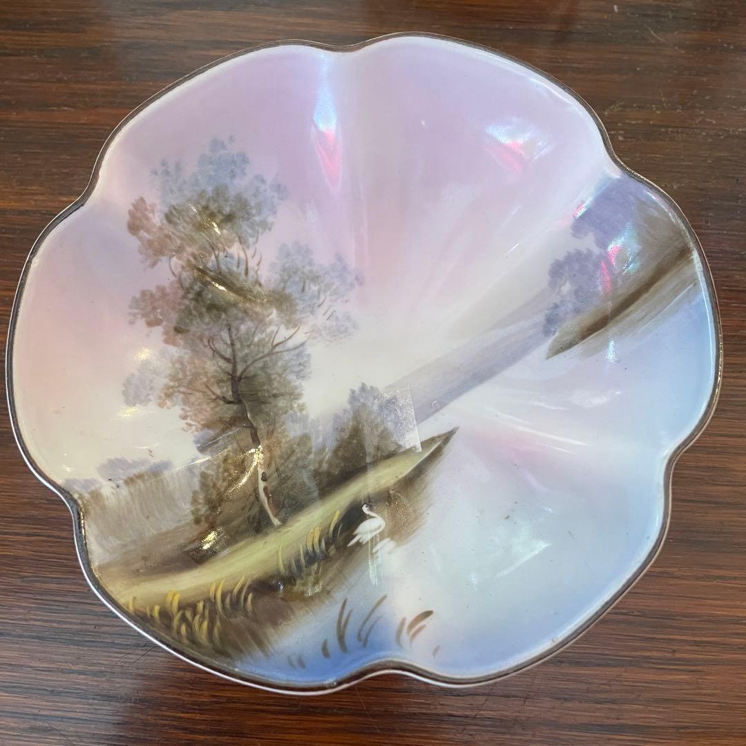 貴重品！オールドノリタケ　花びら型容器　ハンドペイント風景画アンティーク骨董明治