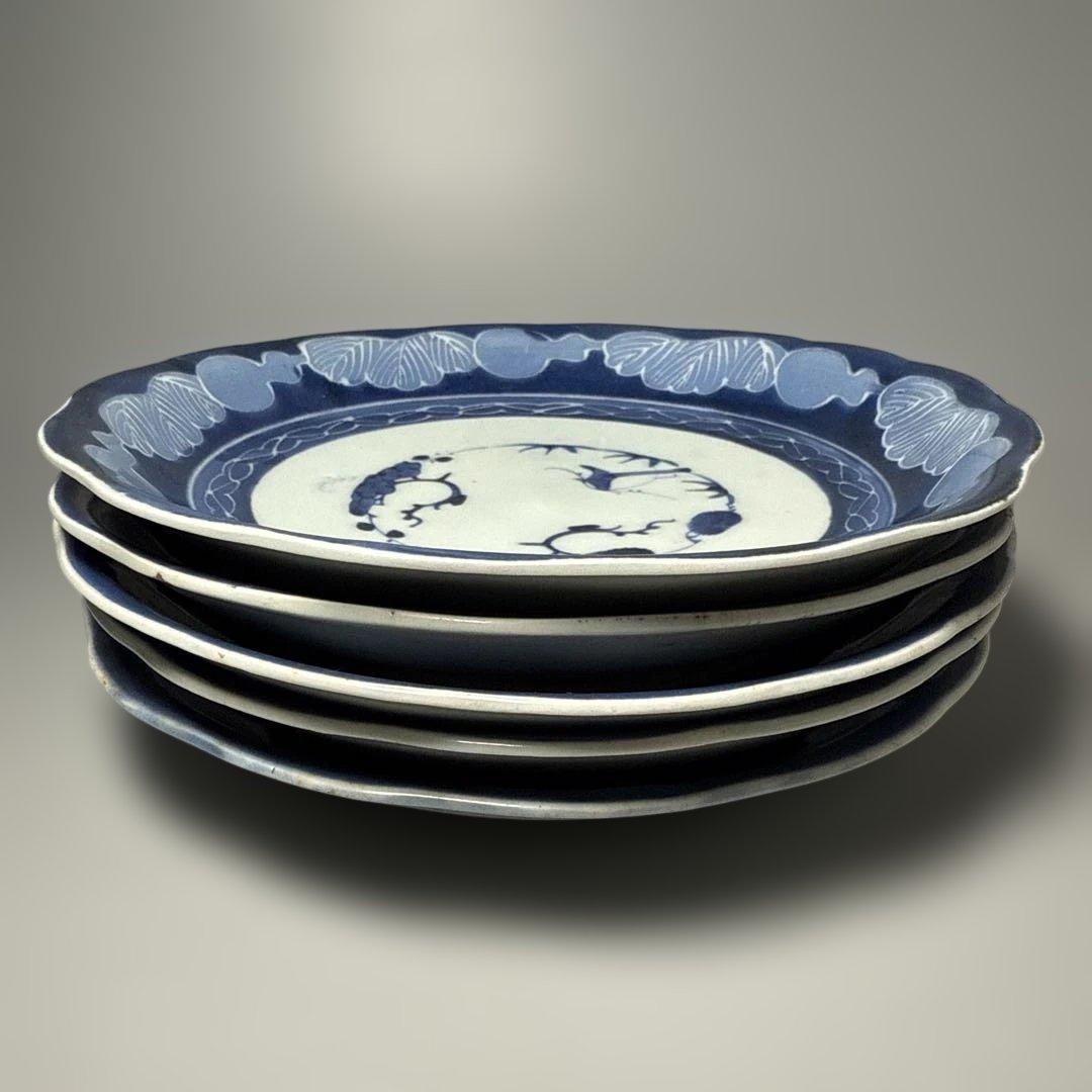 江戸後期　古伊万里　墨弾き　染付　松竹梅　瓢箪文様　5枚　23.3cm　雰囲気◎