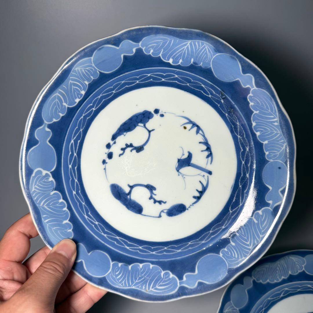 江戸後期　古伊万里　墨弾き　染付　松竹梅　瓢箪文様　5枚　23.3cm　雰囲気◎