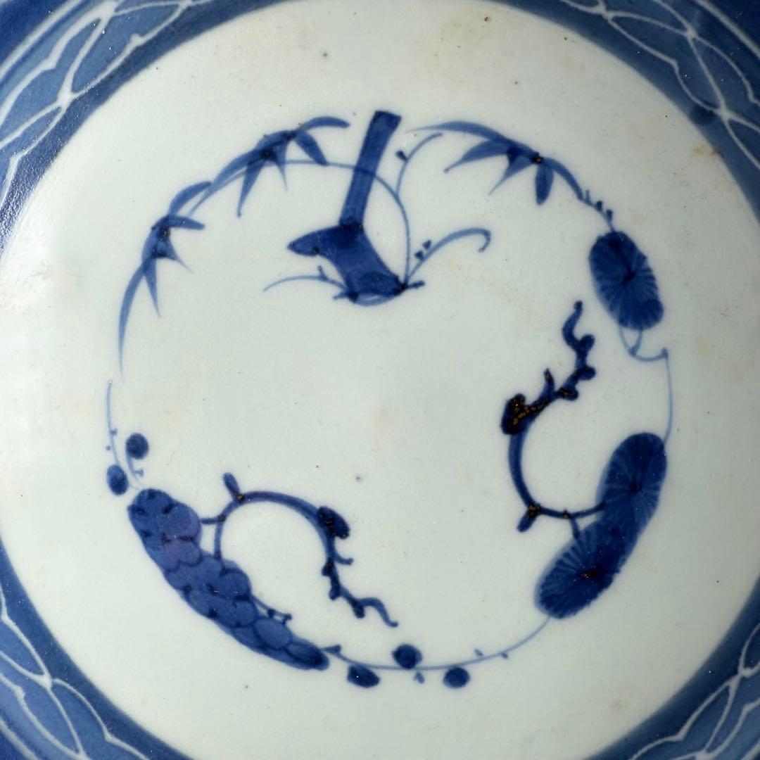 江戸後期　古伊万里　墨弾き　染付　松竹梅　瓢箪文様　5枚　23.3cm　雰囲気◎