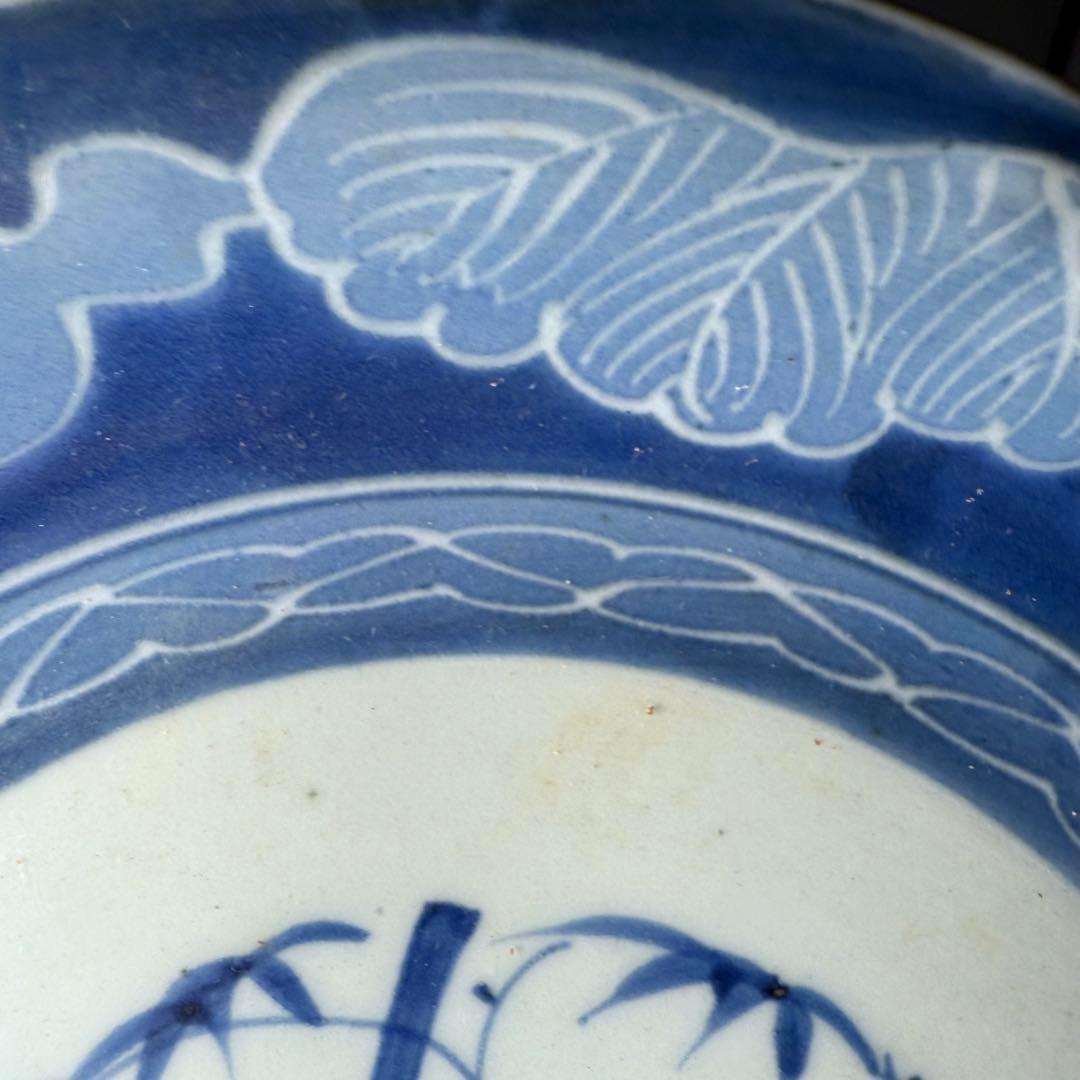 江戸後期　古伊万里　墨弾き　染付　松竹梅　瓢箪文様　5枚　23.3cm　雰囲気◎