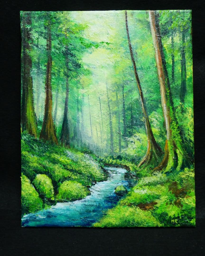 油絵 油彩 油彩画 絵 絵画 【新緑の渓谷】