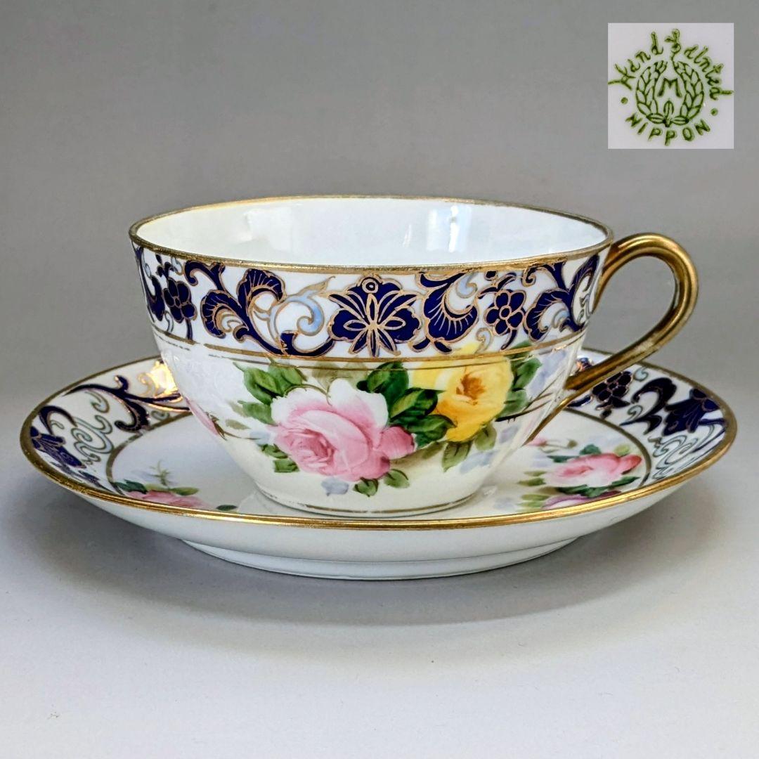 オールドノリタケ銘品!! 金彩藍帯薔薇図紋　キャビネットカップ＆ソーサー