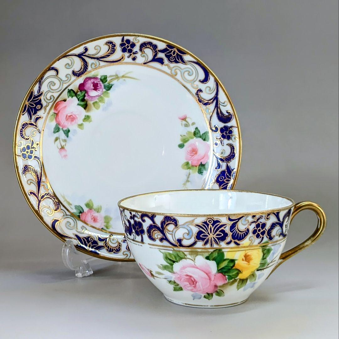 オールドノリタケ銘品!! 金彩藍帯薔薇図紋　キャビネットカップ＆ソーサー