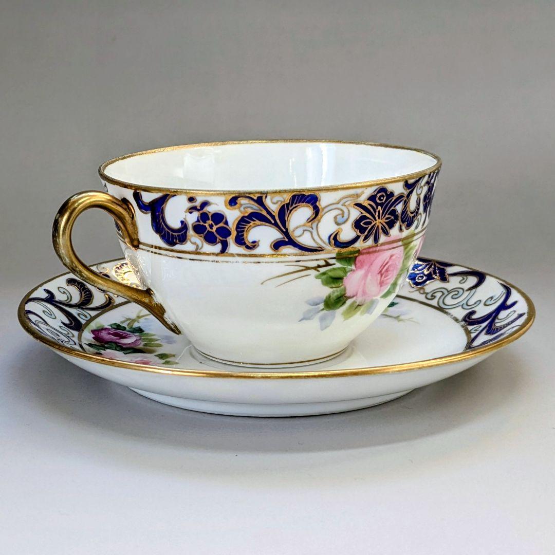 オールドノリタケ銘品!! 金彩藍帯薔薇図紋　キャビネットカップ＆ソーサー