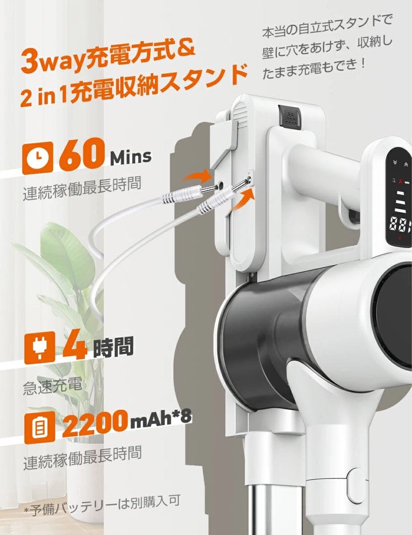 ✨65000Pa 掃除機 コードレス 収納充電スタント付き 軽量 ホワイト