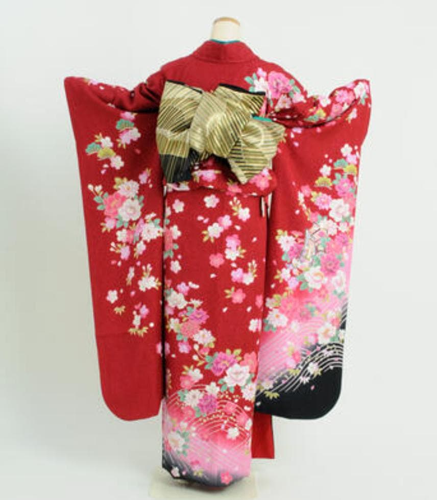 【中古品】成人式・卒業式・振袖 「赤梅ボタン」b270　身長 150〜168cm
