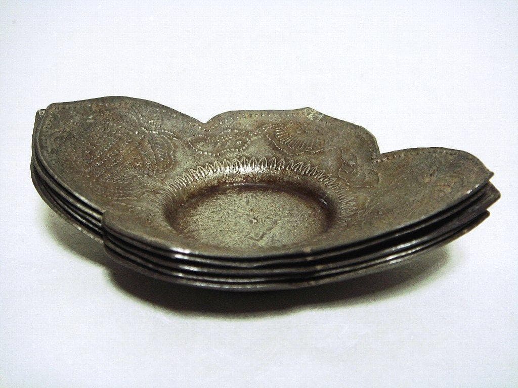 624『中国美術 古錫 十字紋 茶托 ５枚』/骨董品 古美術 古玩 アンティーク