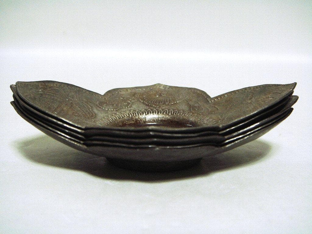 624『中国美術 古錫 十字紋 茶托 ５枚』/骨董品 古美術 古玩 アンティーク