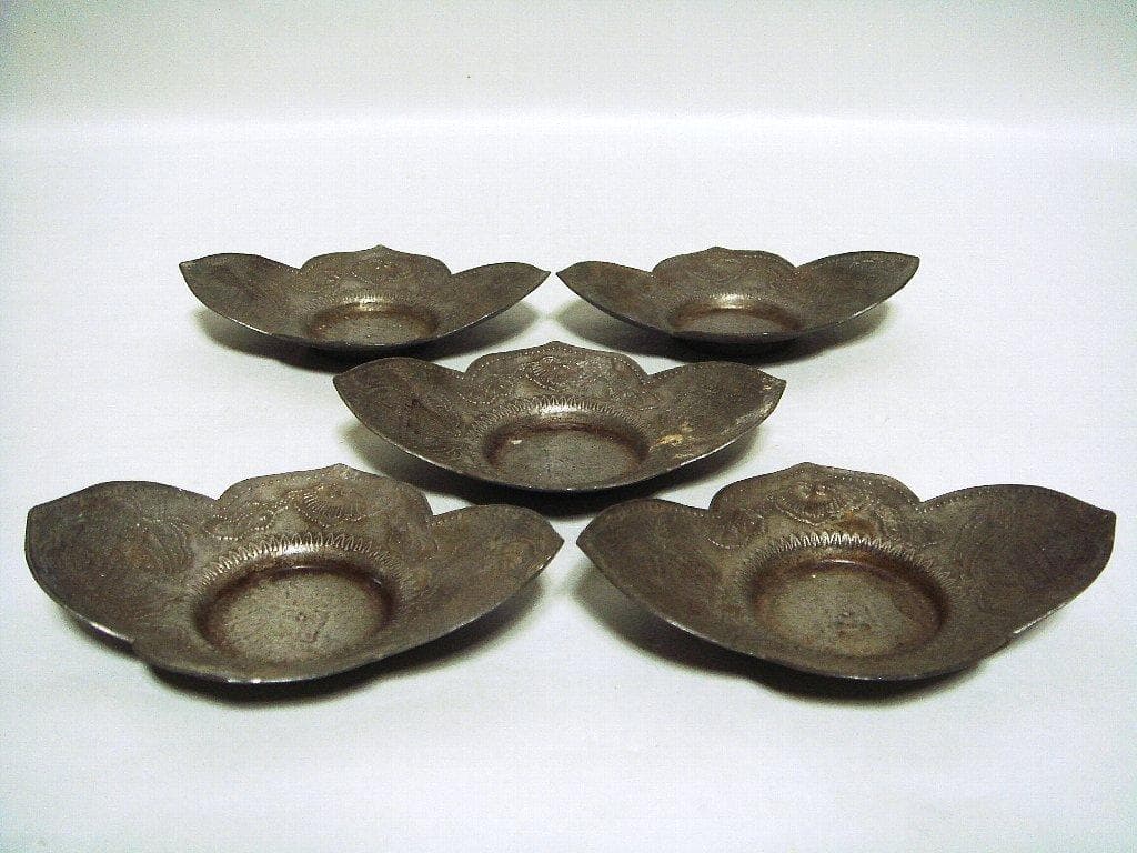 624『中国美術 古錫 十字紋 茶托 ５枚』/骨董品 古美術 古玩 アンティーク
