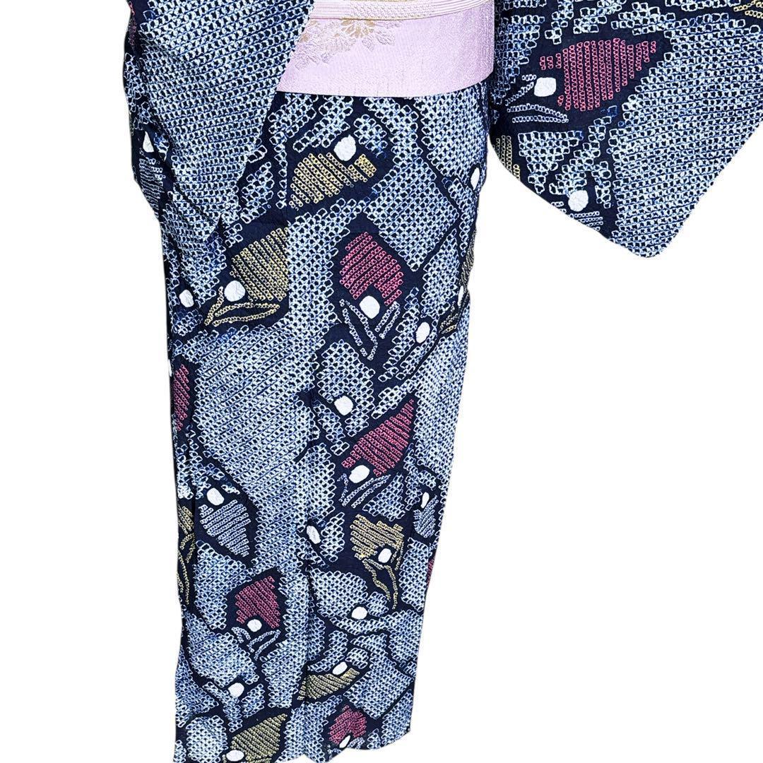 A84夏着物　浴衣　有松鳴海絞り 高級浴衣 花 綿　美品