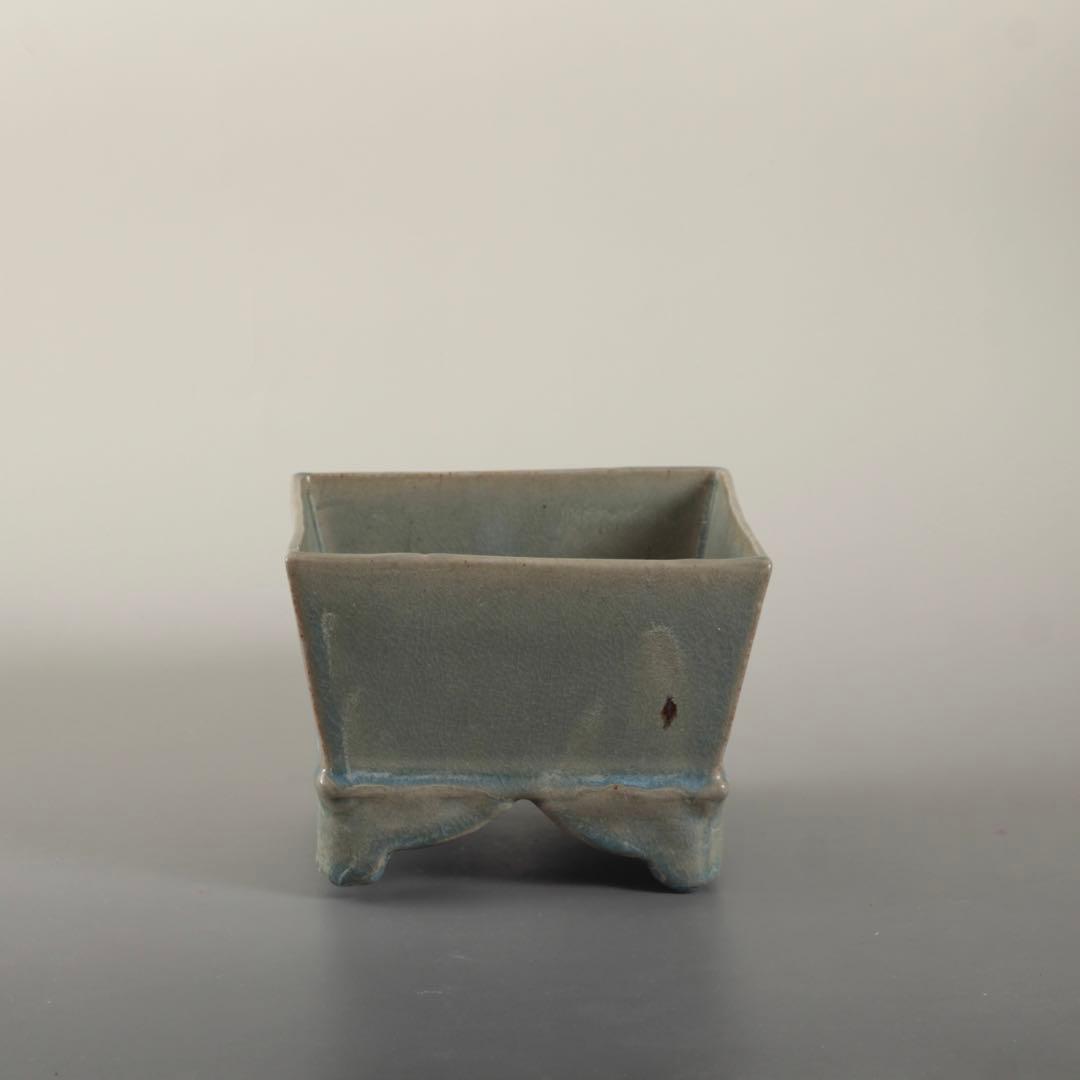 天晴釉 四方形 香炉 倣古 仿汝釉 清朝期？ 中国美術 青磁香炉 古美術 古道具