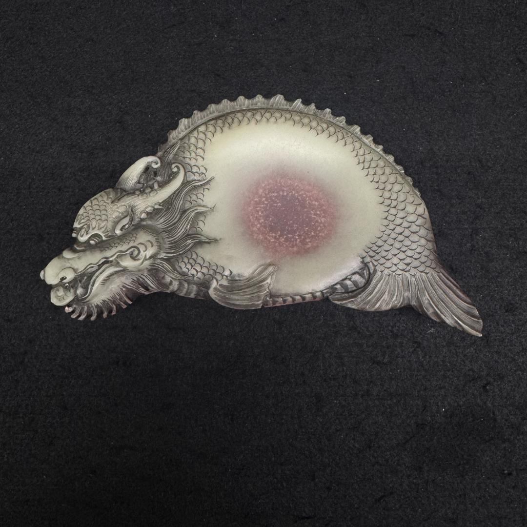 魚化成龍紋硯台 紫袍玉 置物 硯　書道具