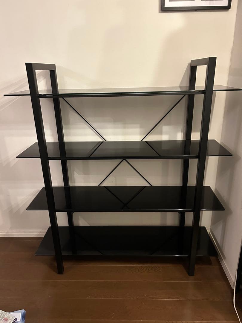 黒 ガラス 金属製 4段シェルフ