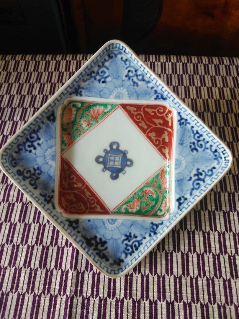 美品 古伊万里 色絵 染付 四方皿 正方形皿 アンティーク 陶芸 工芸品