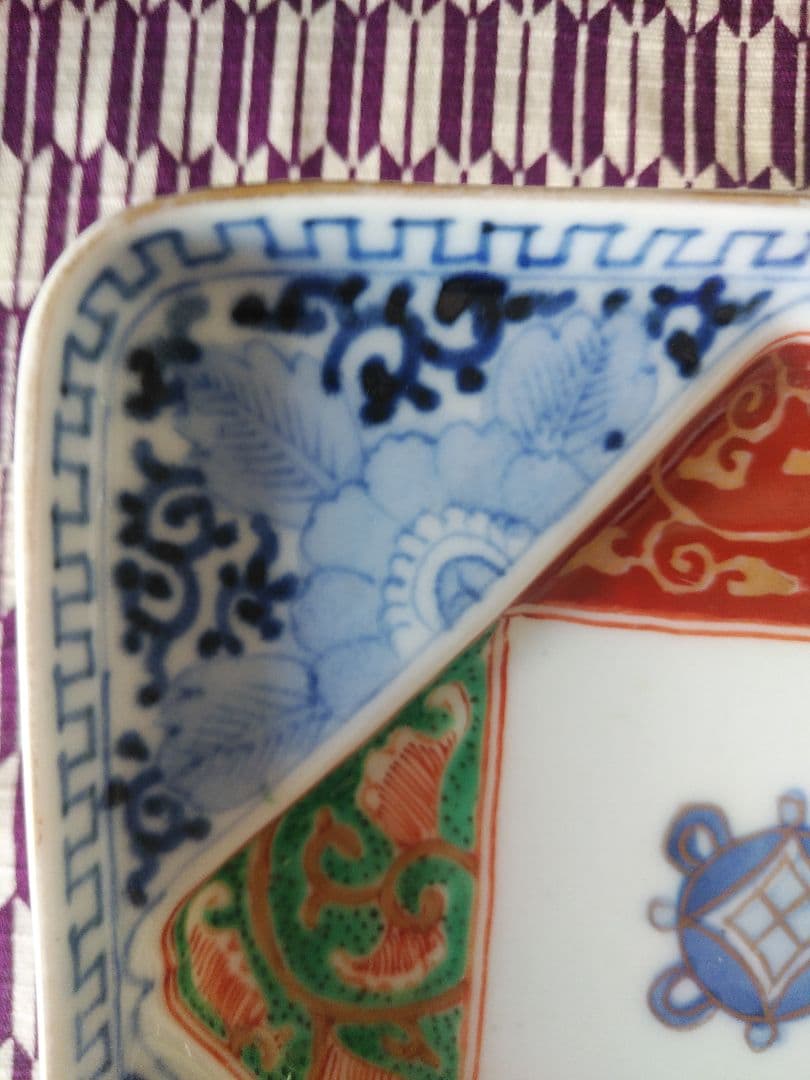 美品 古伊万里 色絵 染付 四方皿 正方形皿 アンティーク 陶芸 工芸品