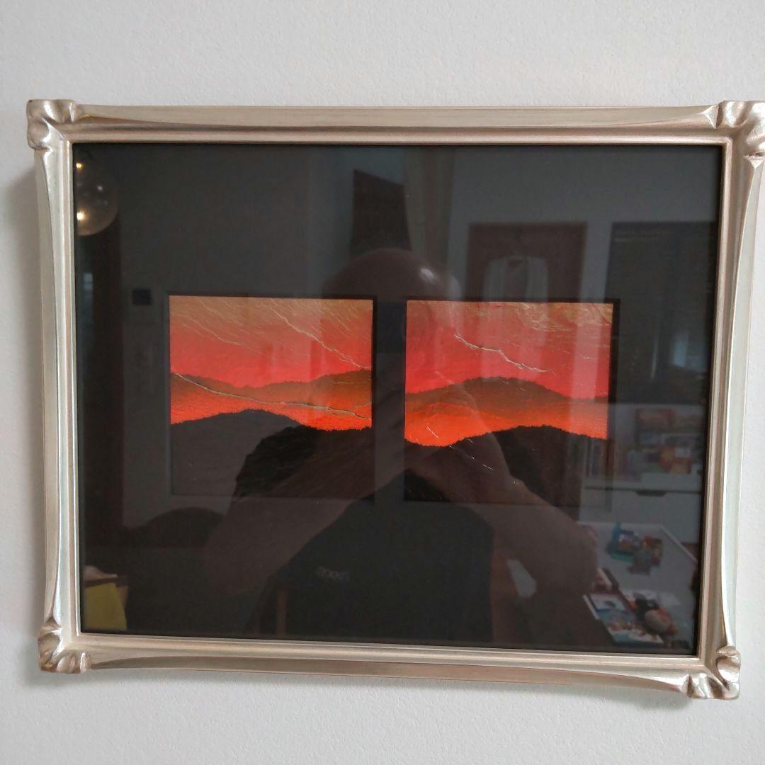 額装 雄勝石絵 10cm角 x 2 石絵画家 齊藤玄昌實作