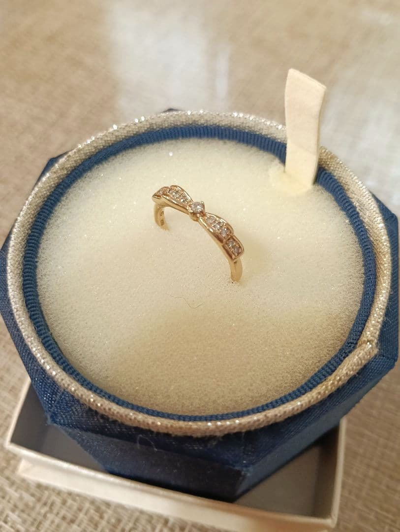 【9号】４℃リボン型ダイヤモンドピンクゴールドリングK18刻印あり