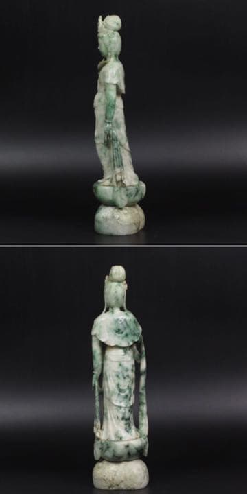 送料無料古い新潟糸魚川翡翠A貨彫刻観音立像 鑑定書付 31.5ｃｍ/1963ｇ