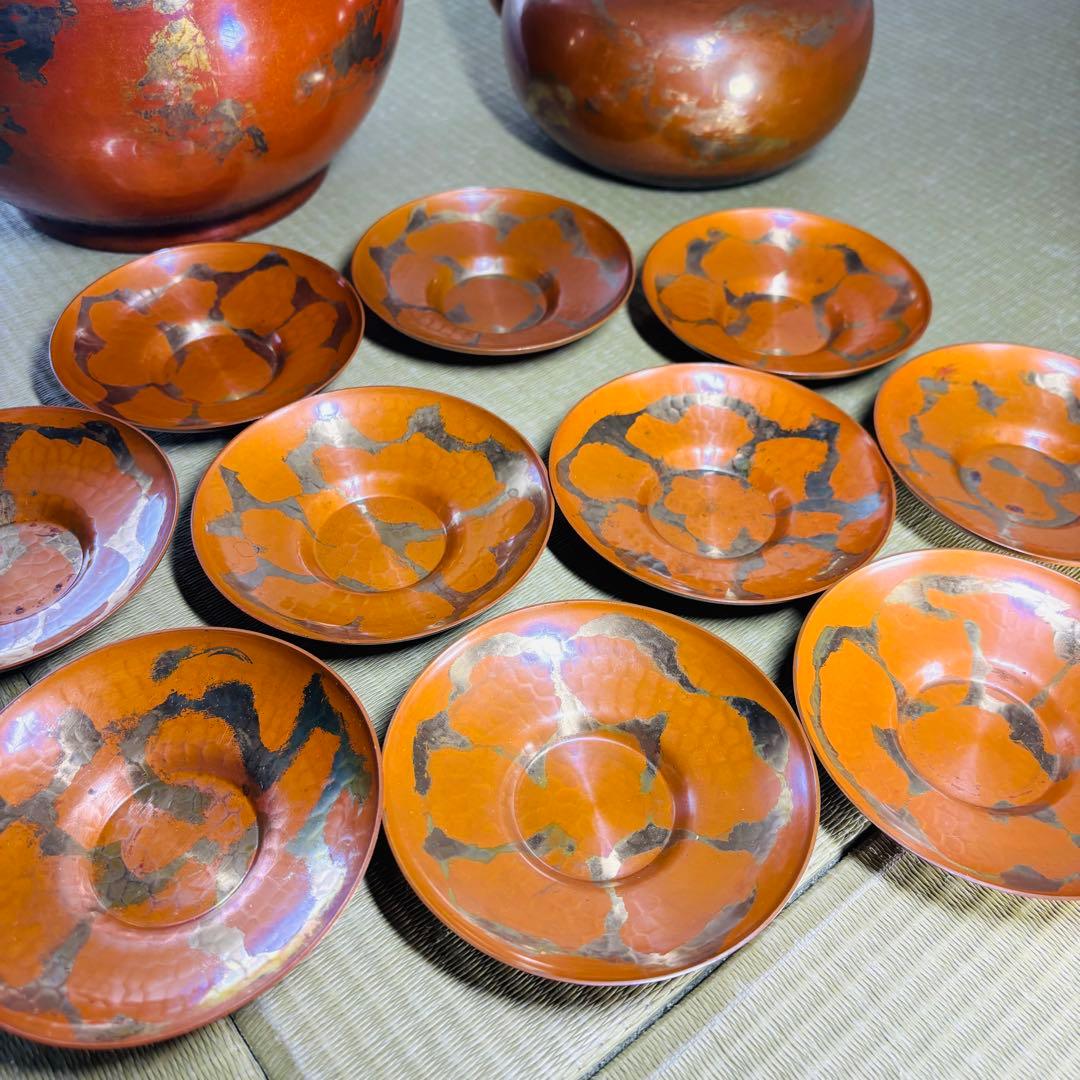 山川堂　夫婦薬缶　茶托　金彩　鎚起銅器口蓋付水次 大型 水注 湯沸し 茶道具