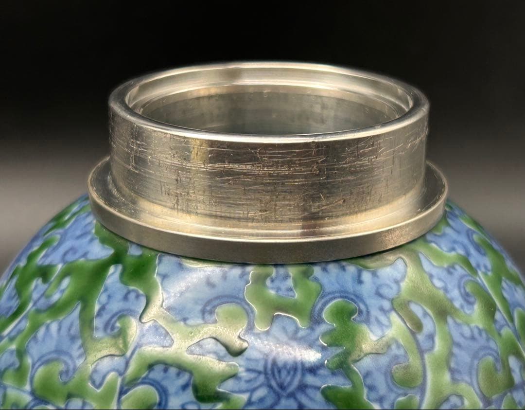 【希少】源右衛門窯　館林源右衛門　緑彩唐草文　錫口　茶壺　茶道具　有田焼 共箱