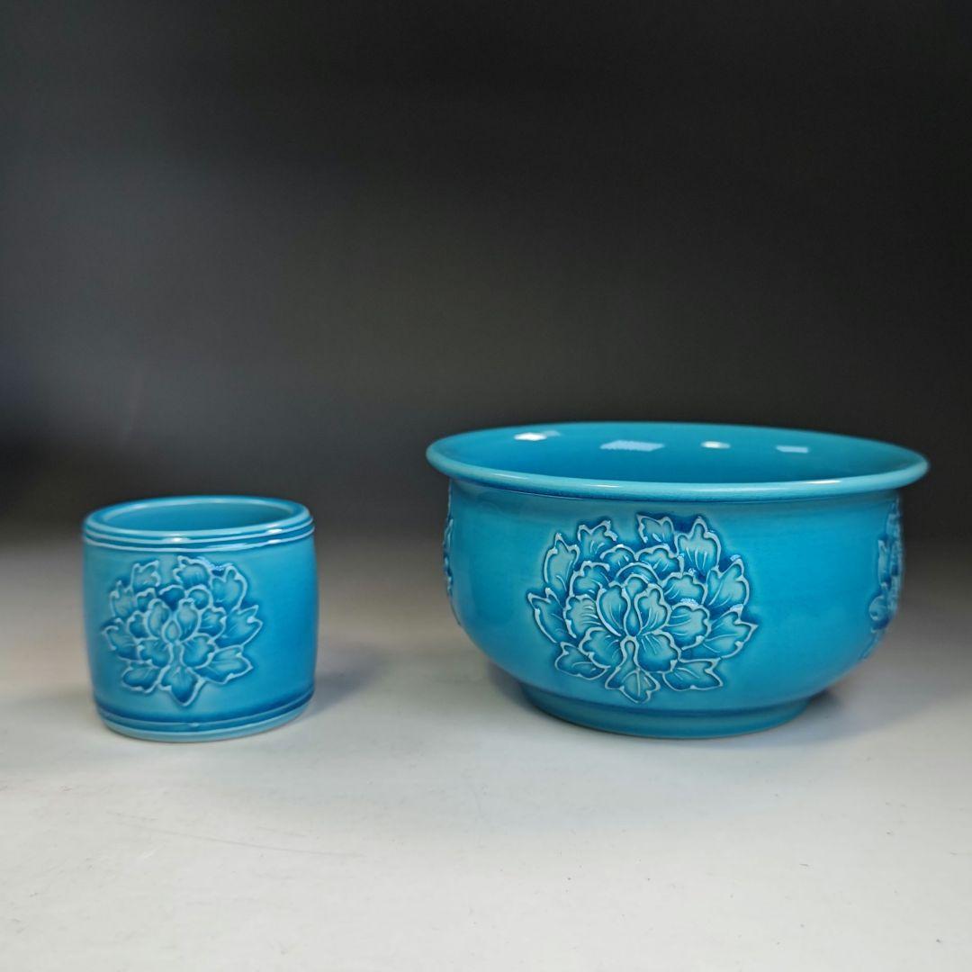 イ846 皆具『叶松谷作』『浅黄交趾　牡丹　皆具　木箱』茶道具　水指　健水　蓋置