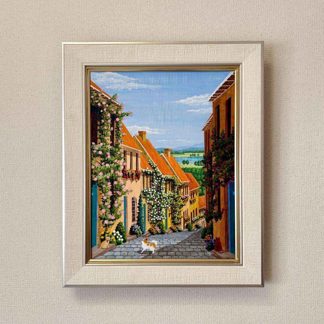 アクリル画　原画　「花の咲く路地14」額縁付き　F6サイズ　風景画