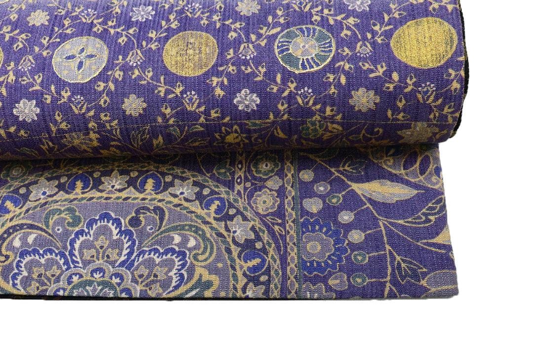 未使用品 袋帯 リバーシブル 紬地 深紫 唐花 枝花 全通柄長さ4m65cm正絹