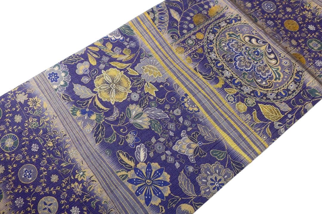 未使用品 袋帯 リバーシブル 紬地 深紫 唐花 枝花 全通柄長さ4m65cm正絹